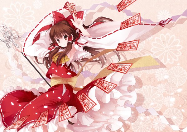 Anime picture 1200x850 with touhou hakurei reimu koto (colorcube) single long hair brown hair brown eyes miko girl skirt bow hair bow detached sleeves petals skirt set staff