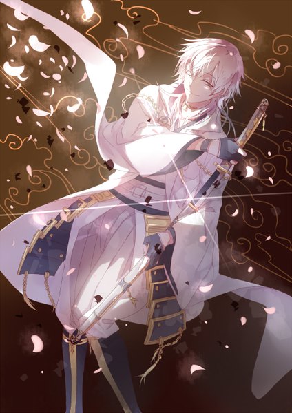 Anime picture 1000x1414 with touken ranbu nitroplus tsurumaru kuninaga drrr84925 single long hair tall image smile holding yellow eyes white hair traditional clothes one eye closed wink sunlight lens flare looking down brown background boy gloves
