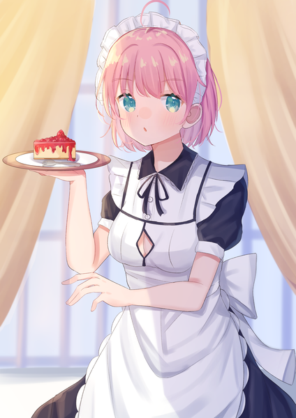 Anime picture 2894x4093 with original yuuna (vhux2273) single tall image looking at viewer highres short hair pink hair ahoge indoors aqua eyes :o maid puffy sleeves cleavage cutout girl uniform food headdress sweets