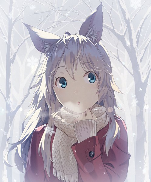 Anime picture 692x833 with original kimura (ykimu) single long hair tall image fringe blue eyes hair between eyes animal ears looking away silver hair upper body ahoge outdoors :o lens flare snowing winter exhalation bare tree