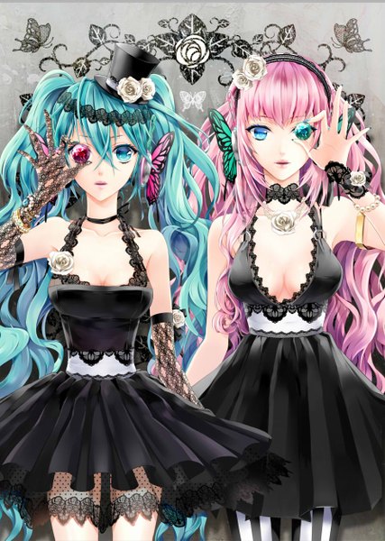Anime picture 894x1257 with vocaloid hatsune miku megurine luka cocoon (loveririn) tall image looking at viewer twintails multiple girls aqua eyes aqua hair goth-loli insect wings butterfly wings girl dress gloves hair ornament flower (flowers) 2 girls hat