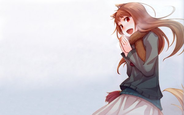 Anime picture 2560x1600 with spice and wolf horo single long hair blush highres open mouth simple background red eyes brown hair wide image animal ears tail exhalation wolf ears wolf tail wolf girl cold girl