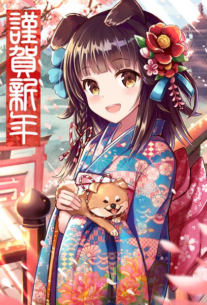 Anime picture 1020x1500 with original sakura ani single long hair tall image looking at viewer blush fringe open mouth black hair animal ears yellow eyes blunt bangs braid (braids) traditional clothes :d japanese clothes hair flower cherry blossoms side braid