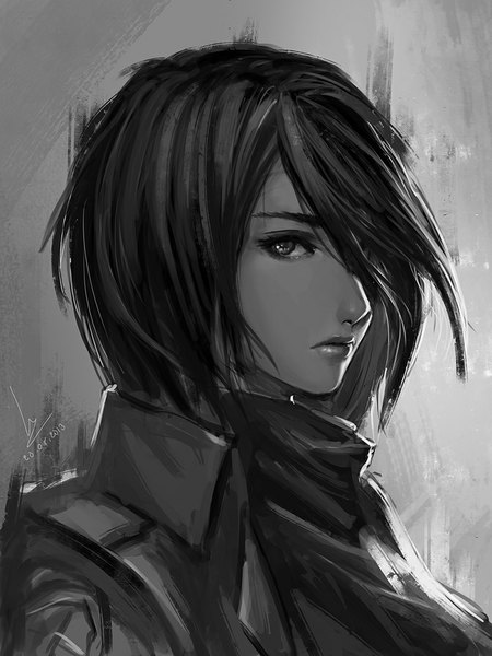 Anime picture 800x1067 with shingeki no kyojin production i.g mikasa ackerman chaosringen single tall image looking at viewer fringe short hair black hair simple background signed lips hair over one eye realistic lipstick monochrome girl uniform scarf