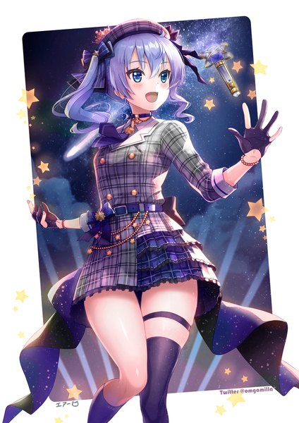 Anime picture 724x1024 with virtual youtuber hololive hoshimachi suisei hoshimachi suisei (1st costume) omgamilla single long hair tall image blush fringe open mouth blue eyes hair between eyes signed blue hair looking away :d twitter username side ponytail asymmetrical legwear