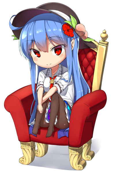 Anime picture 550x827 with touhou hinanawi tenshi neropaso single long hair tall image looking at viewer blush fringe simple background hair between eyes red eyes white background blue hair ahoge light smile no shoes chibi embryo's pose girl