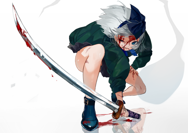 Anime picture 1770x1253 with touhou konpaku youmu myon gotoh510 single looking at viewer highres short hair open mouth blue eyes simple background white background holding bent knee (knees) long sleeves one eye closed reflection fighting stance blood on face injury