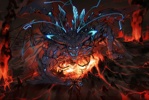 Anime picture 1100x738 with original ryota-h looking at viewer open mouth blue eyes glowing demon lava monster molten rock