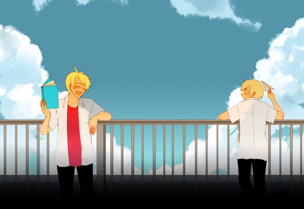 Anime picture 1500x1036 with axis powers hetalia studio deen united kingdom (hetalia) america (hetalia) nochi (pixiv) blush blonde hair sky cloud (clouds) laughing boy shirt book (books) pants