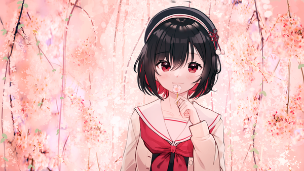 Anime picture 3840x2160 with original komatsu (komatsuu123) single looking at viewer fringe highres short hair black hair hair between eyes red eyes wide image absurdres upper body multicolored hair light smile cherry blossoms colored inner hair spring girl uniform