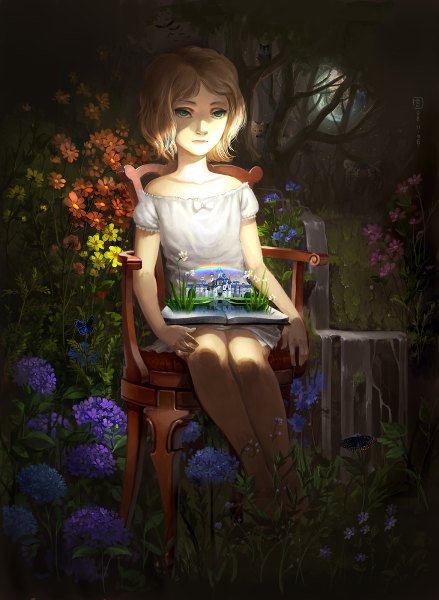 Anime picture 877x1200 with original mugon single tall image fringe short hair blonde hair looking away aqua eyes river girl flower (flowers) bow plant (plants) tree (trees) water book (books) chair planet rainbow
