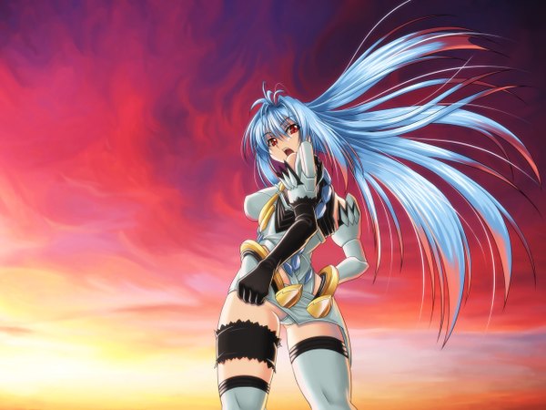 Anime picture 1280x960 with xenosaga xenosaga episode i monolith software kos-mos shunzou single long hair open mouth light erotic red eyes purple hair from below pantyshot evening sunset thighhighs underwear panties armor garter (garters)