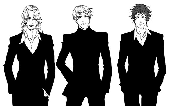 Anime picture 1280x782 with axis powers hetalia studio deen prussia (hetalia) france (hetalia) spain (hetalia) npn long hair short hair black hair smile wide image white hair multiple boys grey eyes hand on hip monochrome open collar hands in pockets boy 3 boys