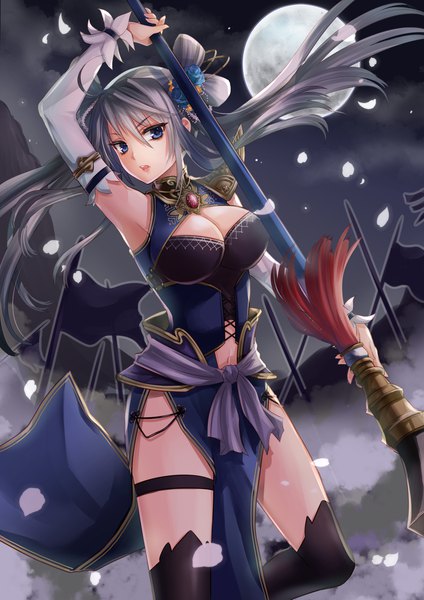 Anime picture 1447x2047 with original shirokurodai single long hair tall image fringe breasts open mouth blue eyes light erotic hair between eyes large breasts standing holding looking away cleavage ahoge arm up grey hair night