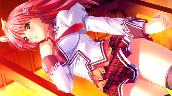 Anime picture 1280x720 with koi mekuri clover kohinata yuuka amasaka takashi long hair blush wide image yellow eyes game cg red hair girl skirt uniform hair ornament school uniform miniskirt shirt