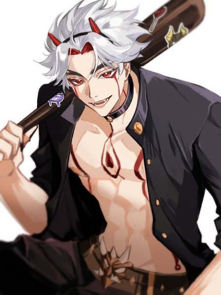 Anime picture 899x1200 with genshin impact arataki itto crescent (cgcrescent) single tall image short hair open mouth simple background red eyes white background silver hair :d open clothes tattoo alternate costume alternate hairstyle alternate hair length fake antlers boy uniform