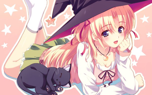 Anime picture 1920x1200 with sakura strasse marie rudel kusukusu single long hair highres blonde hair wide image lying on stomach girl skirt hat cat