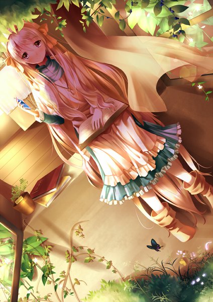 Anime picture 706x1000 with kagerou project shaft (studio) mary (kagerou project) pumila single tall image looking at viewer blush fringe blonde hair sitting holding brown eyes very long hair glow girl dress flower (flowers) bow ribbon (ribbons)