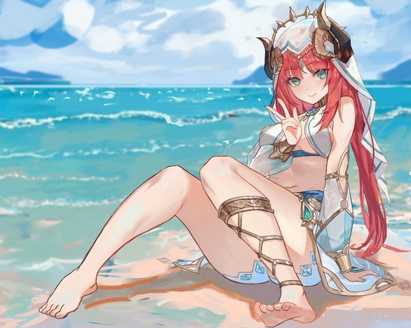 Anime picture 4501x3597 with genshin impact nilou (genshin impact) duzizai single long hair looking at viewer highres light erotic smile sitting absurdres sky cloud (clouds) full body outdoors red hair barefoot horn (horns) aqua eyes bare legs