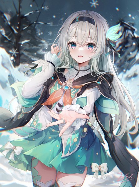 Anime picture 1486x2000 with honkai: star rail honkai (series) firefly (honkai: star rail) eric (tianqijiang) single long hair tall image fringe open mouth hair between eyes looking away outdoors :d grey hair winter outstretched hand multicolored eyes girl hair ornament ring