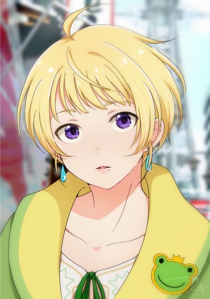 Anime picture 721x1024 with idolmaster idolmaster side-m pierre (idolmaster) niki (nikism1987) single tall image looking at viewer fringe short hair blonde hair purple eyes ahoge upper body parted lips blurry sparkle boy