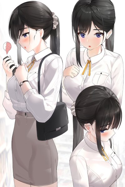 Anime picture 813x1215 with original kfr long hair tall image looking at viewer blush fringe breasts black hair simple background hair between eyes white background purple eyes payot ponytail long sleeves lipstick multiview red lipstick office lady