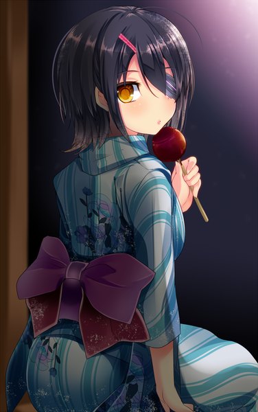 Anime picture 700x1116 with kantai collection tenryuu light cruiser haruta (806060) single tall image blush short hair black hair sitting yellow eyes ahoge traditional clothes japanese clothes turning head floral print girl hair ornament bow food eyepatch