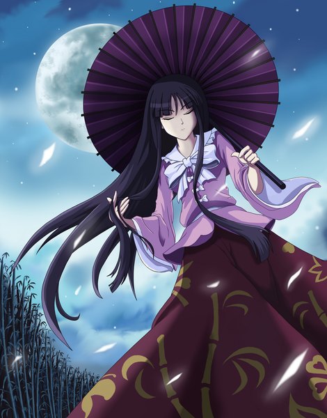 Anime picture 1944x2480 with touhou houraisan kaguya zqhzx (artist) long hair tall image highres black hair eyes closed girl petals moon umbrella planet