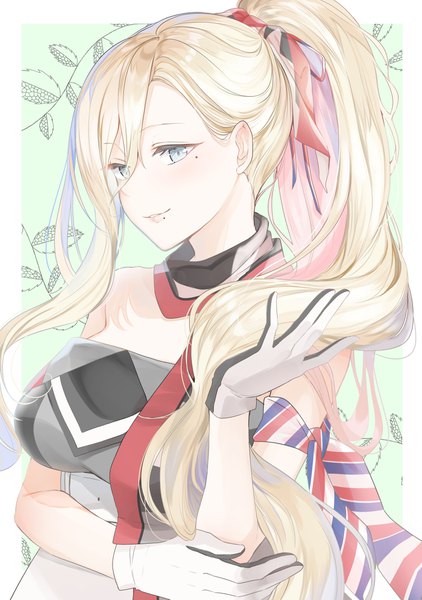 Anime picture 1500x2133 with kantai collection richelieu (kantai collection) yuna (yukiyuna) single long hair tall image fringe blue eyes blonde hair hair between eyes upper body ponytail light smile lips mole mole under eye border alternate hairstyle mole under mouth holding hair
