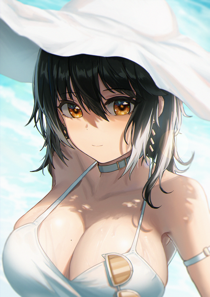 Anime picture 1860x2631 with original aer7o single tall image looking at viewer blush fringe highres short hair breasts light erotic black hair smile hair between eyes yellow eyes cleavage upper body outdoors mole huge breasts
