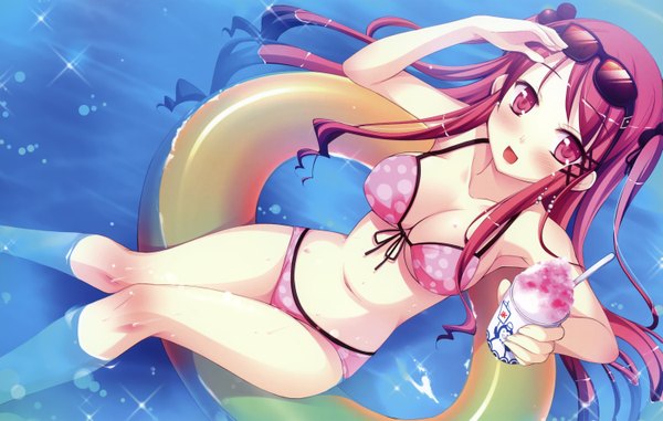 Anime picture 2998x1906 with witch's garden hinomiya ayari ko~cha single long hair blush highres breasts open mouth light erotic smile red eyes red hair two side up sunglasses on head girl swimsuit bikini water swim ring
