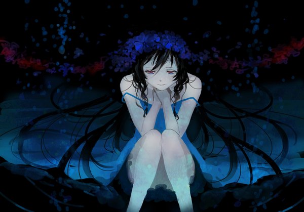 Anime picture 1378x964 with vocaloid ia (vocaloid) rin (pixiv) single long hair black hair sitting bare shoulders braid (braids) off shoulder alternate costume legs twin braids looking down dark background multicolored eyes sad alternate color girl dress