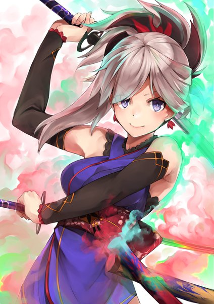 Anime picture 2894x4093 with fate (series) fate/grand order miyamoto musashi (fate) hachiroku (hatirokusann86) single long hair tall image looking at viewer highres smile purple eyes bare shoulders upper body ponytail grey hair fighting stance girl hair ornament weapon detached sleeves