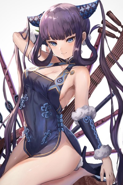 Anime picture 2200x3300 with fate (series) fate/grand order yang guifei (fate) manichi single long hair tall image looking at viewer fringe highres breasts blue eyes light erotic smile large breasts twintails bare shoulders purple hair blunt bangs traditional clothes