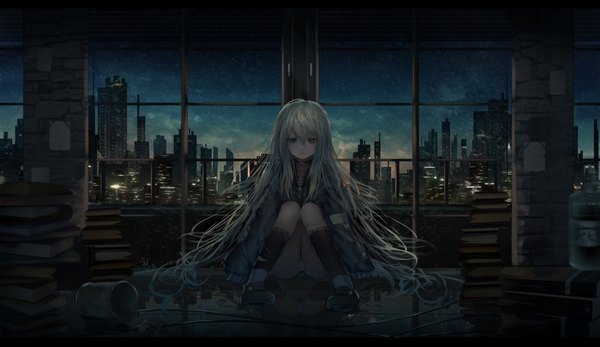 Anime picture 2000x1157 with original cotn7806 single long hair looking at viewer fringe highres light erotic hair between eyes wide image sitting payot silver hair full body aqua eyes aqua hair pantyshot city sleeves past wrists reflection
