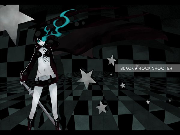 Anime picture 1600x1200 with black rock shooter black rock shooter (character) single long hair blue eyes black hair twintails bare belly glowing glowing eye (eyes) girl navel weapon sword shorts star (symbol) bikini top
