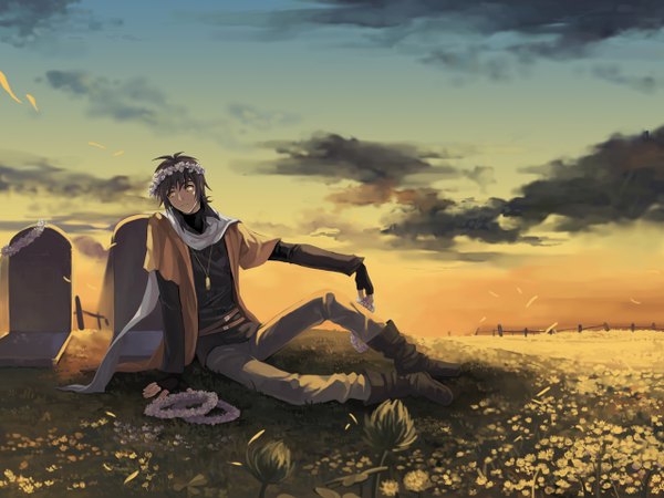 Anime picture 1280x960 with original shokill single brown hair sitting sky cloud (clouds) hair flower landscape scenic field boy hair ornament boots scarf wreath grave