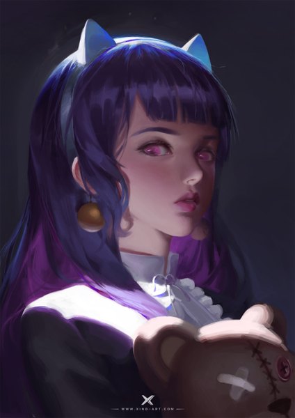Anime picture 1920x2716 with league of legends annie (league of legends) tibbers (league of legends) starlab single long hair tall image looking at viewer fringe highres simple background purple eyes animal ears purple hair upper body blunt bangs fake animal ears portrait girl earrings