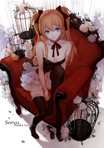 Anime picture 919x1300 with neon genesis evangelion gainax soryu asuka langley ask (askzy) single long hair tall image looking at viewer blue eyes sitting twintails bare shoulders full body bent knee (knees) orange hair no shoes character names girl thighhighs dress