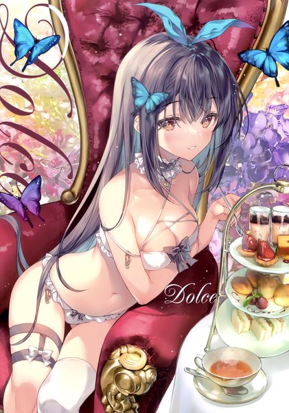 Anime picture 2105x3002 with original miwabe sakura single long hair tall image looking at viewer blush fringe highres breasts blue eyes light erotic black hair hair between eyes large breasts sitting holding brown eyes cleavage parted lips