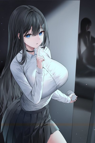 Anime picture 2731x4096 with original lillly long hair tall image looking at viewer fringe highres breasts blue eyes light erotic black hair hair between eyes large breasts standing multiple girls payot indoors long sleeves pleated skirt shadow