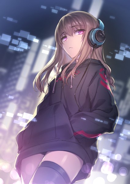 Anime picture 1032x1457 with chunithm sega hisashi (nekoman) single long hair tall image fringe hair between eyes brown hair standing outdoors pink eyes blurry from below dutch angle lens flare expressionless hands in pockets girl thighhighs