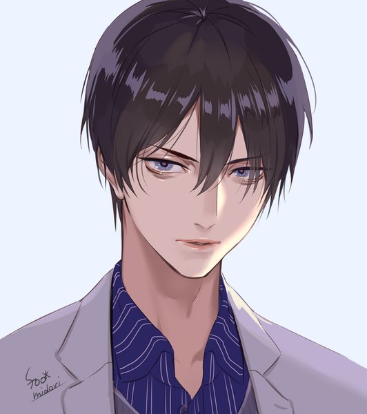 Anime picture 710x800 with original midori foo single tall image looking at viewer fringe short hair blue eyes black hair simple background hair between eyes white background signed parted lips portrait boy shirt blazer striped shirt