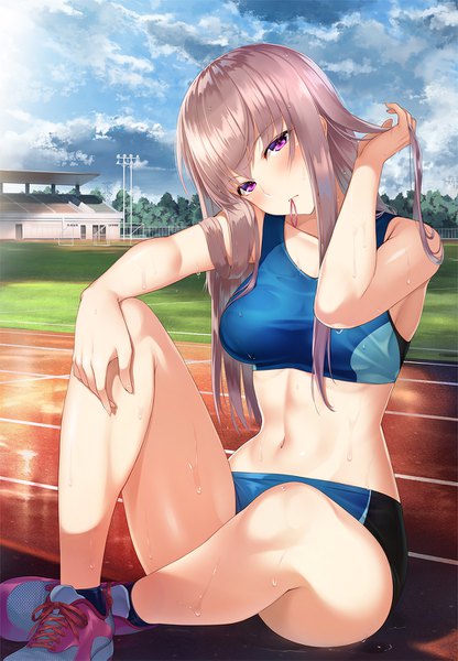 Anime picture 1000x1443 with original koikeya single long hair tall image looking at viewer blush fringe light erotic sitting purple eyes holding payot sky cloud (clouds) full body blunt bangs head tilt grey hair bare legs