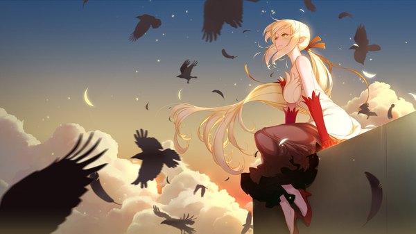 Anime picture 2303x1295 with bakemonogatari shaft (studio) monogatari (series) oshino shinobu wukloo single fringe highres breasts blonde hair wide image sitting bare shoulders yellow eyes payot looking away sky cloud (clouds) full body ahoge