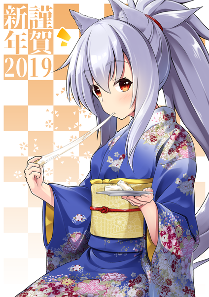 Anime picture 1130x1600 with original shachoo. single long hair tall image looking at viewer blush fringe hair between eyes red eyes animal ears silver hair ponytail tail traditional clothes japanese clothes animal tail eating new year wolf ears