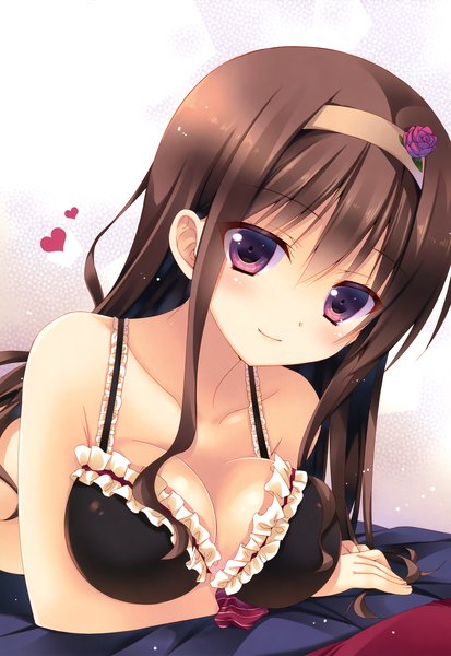 Anime picture 2068x3000 with original mitsu king single long hair tall image looking at viewer highres breasts light erotic brown hair purple eyes girl frills lingerie bra heart hairband black bra