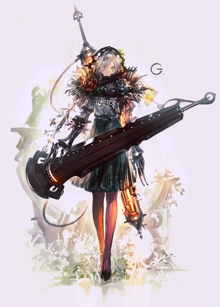 Anime picture 985x1370 with original garuku single tall image looking at viewer fringe short hair standing brown eyes signed silver hair full body hair over one eye girl flower (flowers) plant (plants) pantyhose headdress grass musical instrument