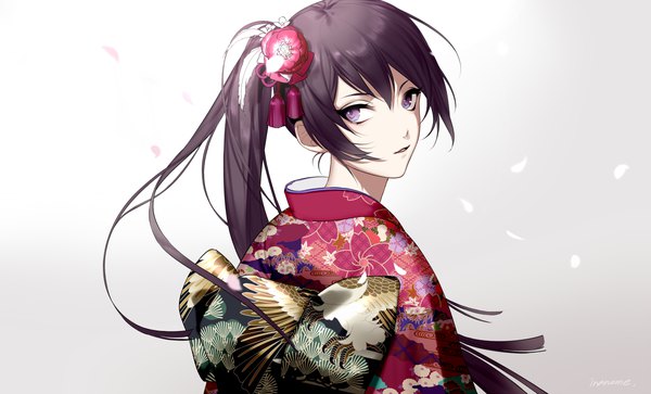 Anime picture 1200x726 with original inanome me single long hair looking at viewer fringe black hair simple background hair between eyes wide image purple eyes signed upper body traditional clothes japanese clothes grey background gradient background side ponytail girl hair ornament