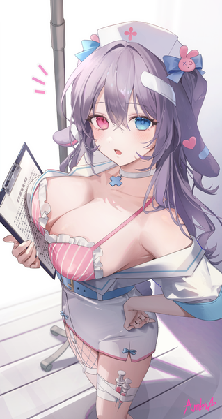 Anime picture 1100x2069 with original naru single long hair tall image looking at viewer blush fringe breasts open mouth blue eyes light erotic simple background red eyes large breasts standing signed animal ears grey hair off shoulder